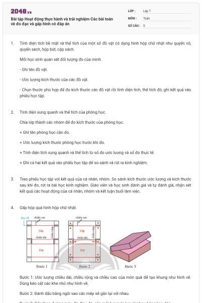 Bài tập Hoạt động thực hành và trải nghiệm Các bài toán về đo đạc và gấp hình có đáp án