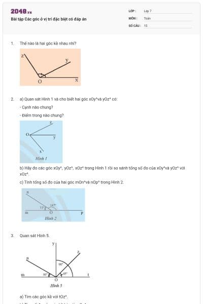Bài tập Các góc ở vị trí đặc biệt có đáp án