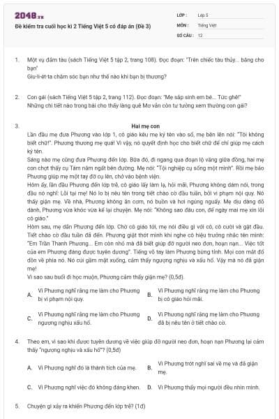 Đề kiểm tra cuối học kì 2 Tiếng Việt 5 có đáp án (Đề 3)