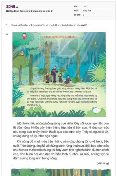 Bài tập Đọc: Cánh rừng trong nắng có đáp án
