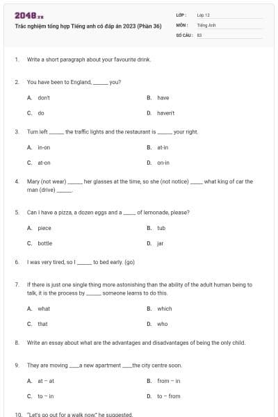 Trắc nghiệm tổng hợp Tiếng anh có đáp án 2023 (Phần 36)