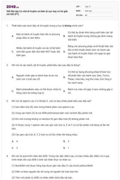 360 Bài tập Cơ chế di truyền và biến dị cực hay có lời giải chi tiết (P1)