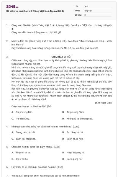 Đề kiểm tra cuối học kì 2 Tiếng Việt 5 có đáp án (Đề 4)