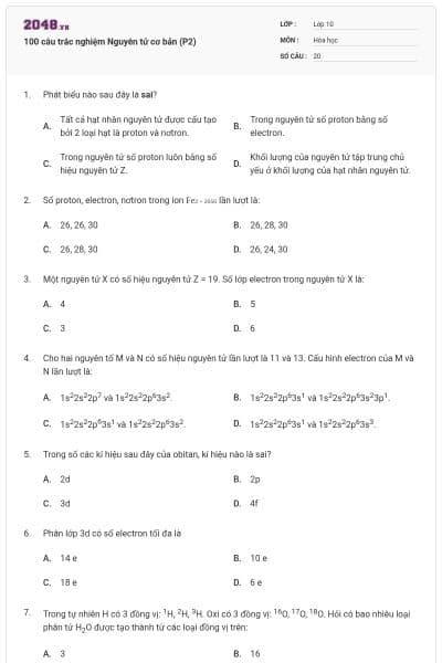 100 câu trắc nghiệm Nguyên tử cơ bản (P2)