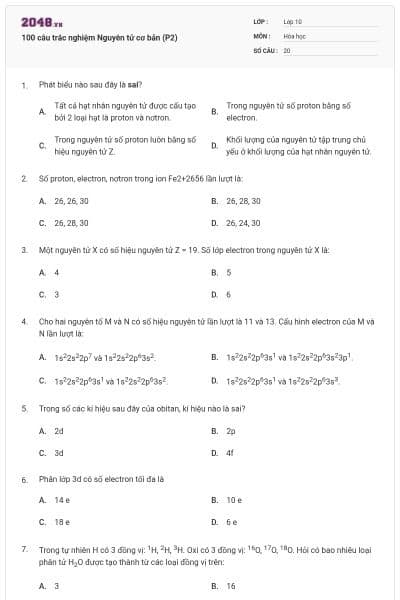 100 câu trắc nghiệm Nguyên tử cơ bản (P2)