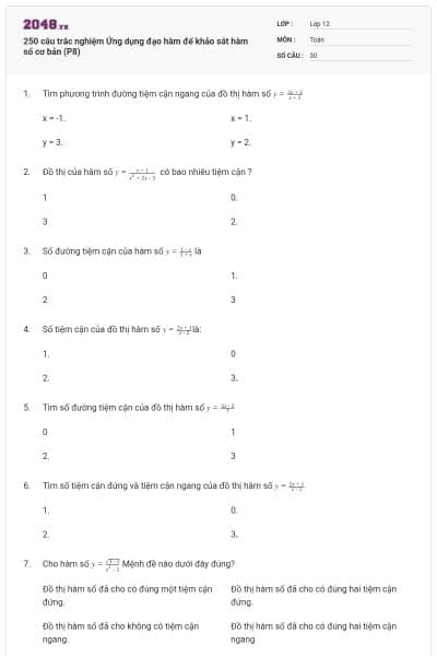 250 câu trắc nghiệm Ứng dụng đạo hàm để khảo sát hàm số cơ bản (P8)