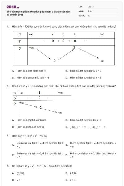 250 câu trắc nghiệm Ứng dụng đạo hàm để khảo sát hàm số cơ bản (P6)