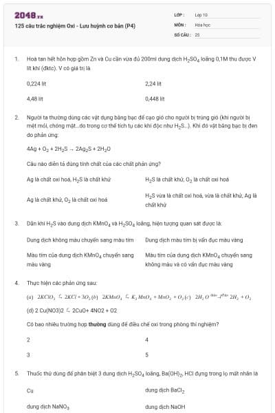 125 câu trắc nghiệm Oxi - Lưu huỳnh cơ bản (P4)