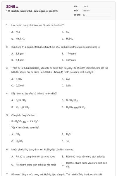 125 câu trắc nghiệm Oxi - Lưu huỳnh cơ bản (P2)