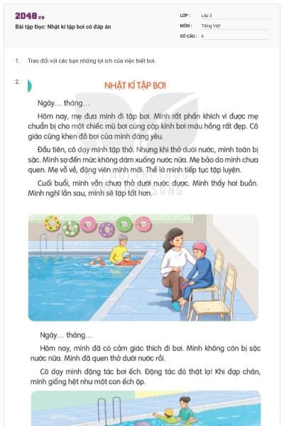 Bài tập Đọc: Nhật kí tập bơi có đáp án
