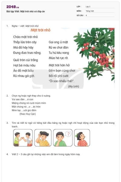 Bài tập Viết: Mặt trời nhỏ có đáp án