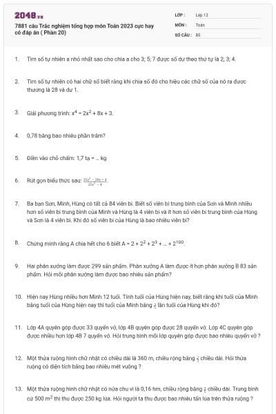 7881 câu  Trắc nghiệm tổng hợp môn Toán 2023 cực hay có đáp án ( Phần 20)