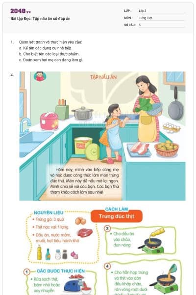 Bài tập Đọc: Tập nấu ăn có đáp án