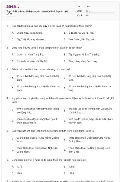 Top 10 đề thi vào 10 hệ chuyên môn Địa lí có đáp án - Đề số 02