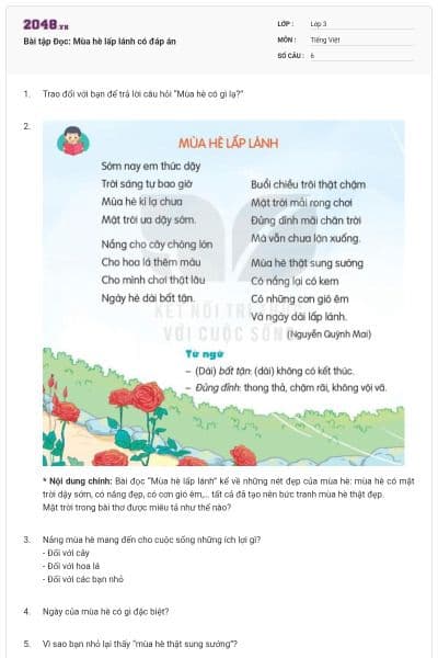 Bài tập Đọc: Mùa hè lấp lánh có đáp án