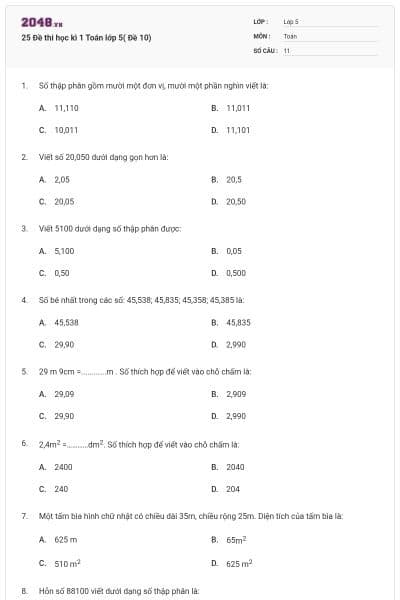 25 Đề thi học kì 1 Toán lớp 5( Đề 10)