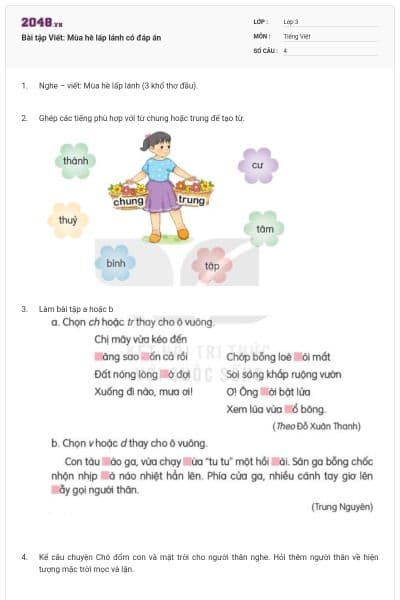 Bài tập Viết: Mùa hè lấp lánh có đáp án