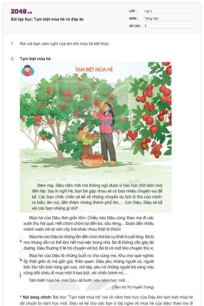 Bài tập Đọc: Tạm biệt mùa hè có đáp án