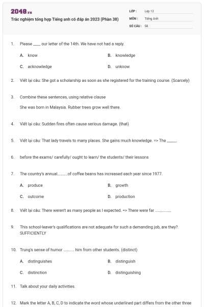 Trắc nghiệm tổng hợp Tiếng anh có đáp án 2023 (Phần 38)