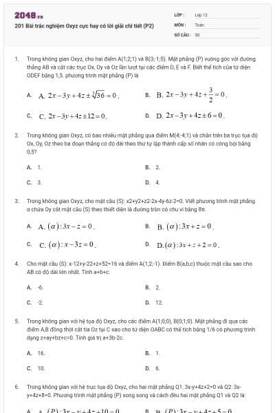 201 Bài trắc nghiệm Oxyz cực hay có lời giải chi tiết (P2)