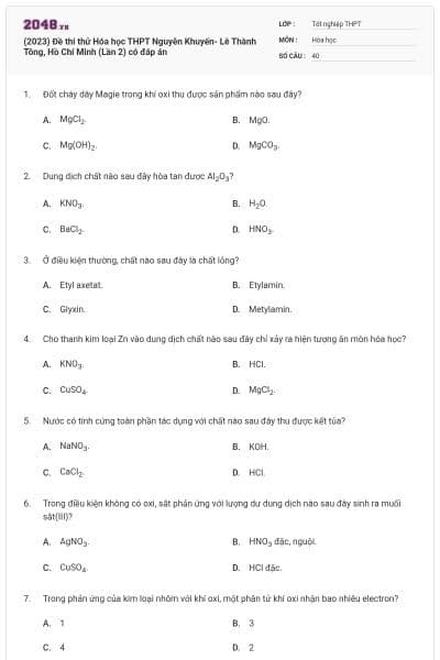 (2023) Đề thi thử Hóa học THPT Nguyễn Khuyến- Lê Thành Tông, Hồ Chí Minh (Lần 2) có đáp án