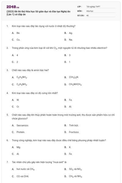(2023) Đề thi thử Hóa học Sở giáo dục và đào tạo Nghệ An (Lần 1) có đáp án