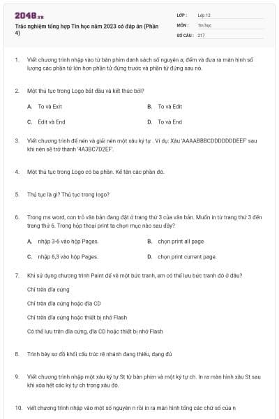 Trắc nghiệm tổng hợp Tin học năm 2023 có đáp án (Phần 4)