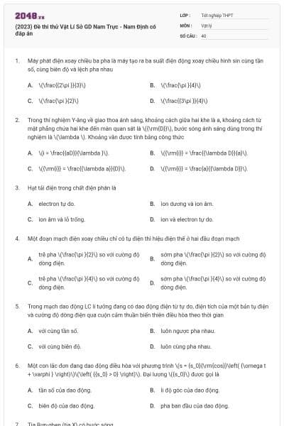 (2023) Đề thi thử Vật Lí Sở GD Nam Trực - Nam Định có đáp án