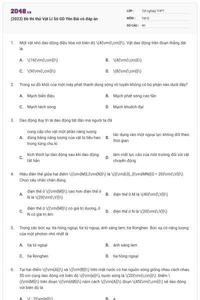 (2023) Đề thi thử Vật Lí Sở GD Yên Bái có đáp án
