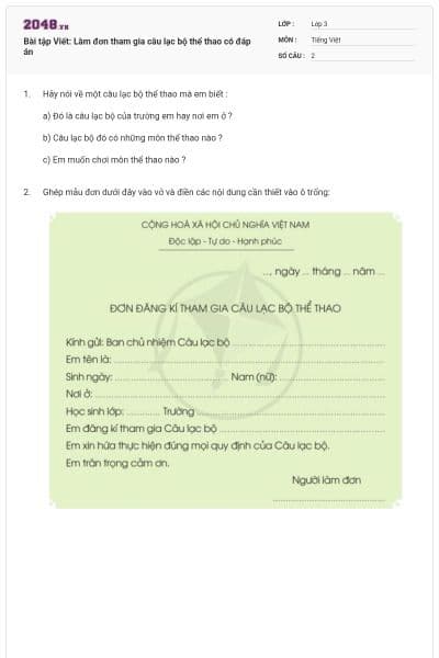 Bài tập Viết: Làm đơn tham gia câu lạc bộ thể thao có đáp án