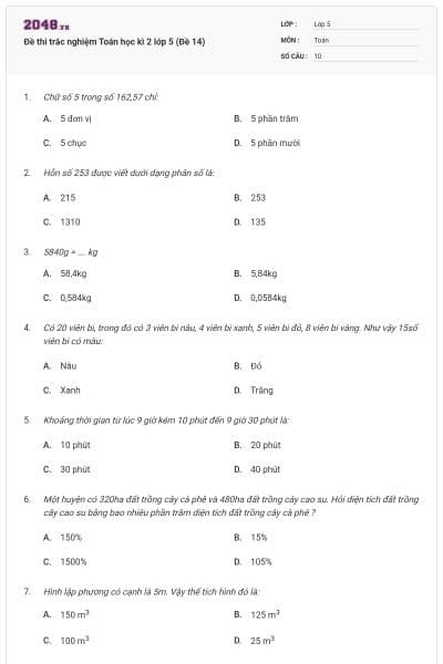 Đề thi trắc nghiệm Toán học kì 2 lớp 5 (Đề 14)