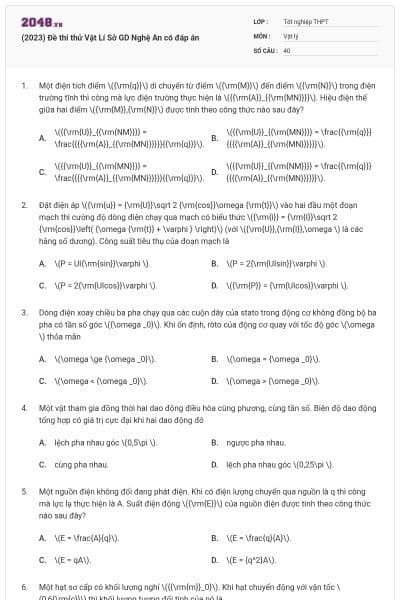 (2023) Đề thi thử Vật Lí Sở GD Nghệ An có đáp án