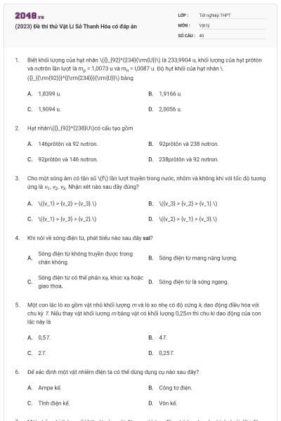 (2023) Đề thi thử Vật Lí Sở Thanh Hóa có đáp án
