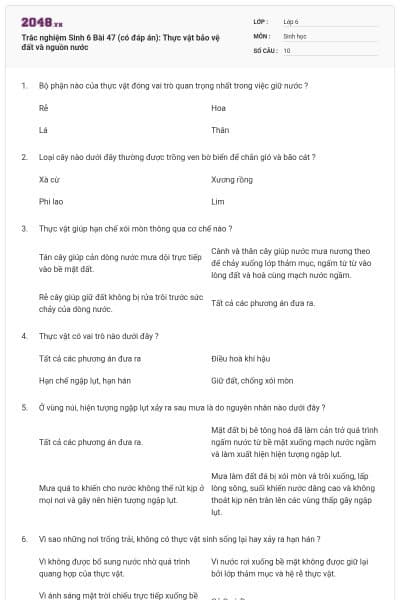 Trắc nghiệm Sinh 6 Bài 47 (có đáp án): Thực vật bảo vệ đất và nguồn nước