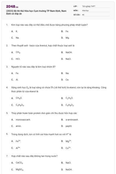 (2023) Đề thi thử Hóa học Cụm trường TP Nam Định, Nam Định có đáp án