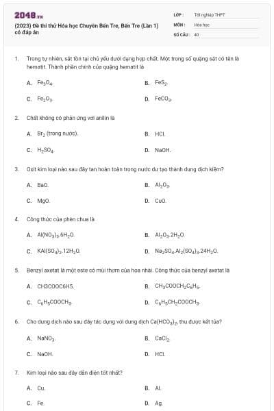 (2023) Đề thi thử Hóa học Chuyên Bến Tre, Bến Tre (Lần 1) có đáp án