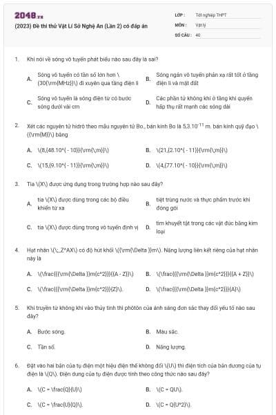 (2023) Đề thi thử Vật Lí Sở Nghệ An (Lần 2) có đáp án