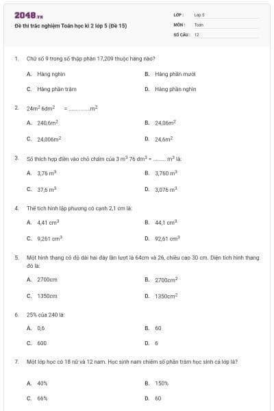 Đề thi trắc nghiệm Toán học kì 2 lớp 5 (Đề 15)
