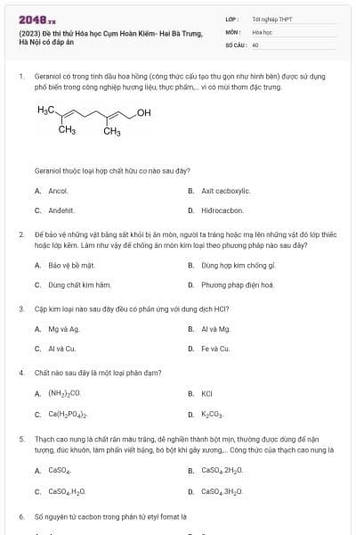 (2023) Đề thi thử Hóa học Cụm Hoàn Kiếm- Hai Bà Trưng, Hà Nội có đáp án