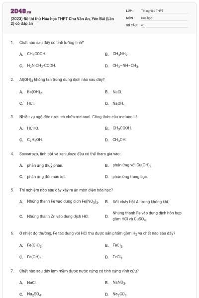 (2023) Đề thi thử Hóa học THPT Chu Văn An, Yên Bái (Lần 2) có đáp án