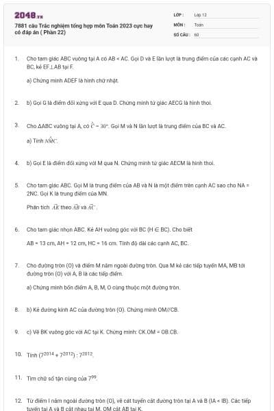 7881 câu  Trắc nghiệm tổng hợp môn Toán 2023 cực hay có đáp án ( Phần 22)