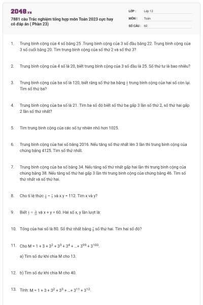 7881 câu  Trắc nghiệm tổng hợp môn Toán 2023 cực hay có đáp án ( Phần 23)