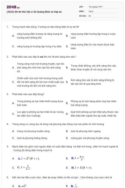 (2023) Đề thi thử Vật Lí Sở Quảng Bình có đáp án