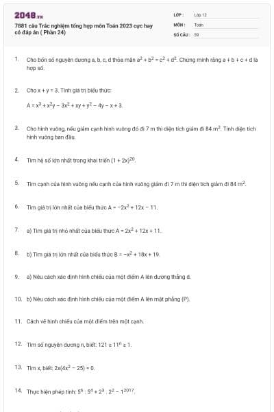 7881 câu  Trắc nghiệm tổng hợp môn Toán 2023 cực hay có đáp án ( Phần 24)
