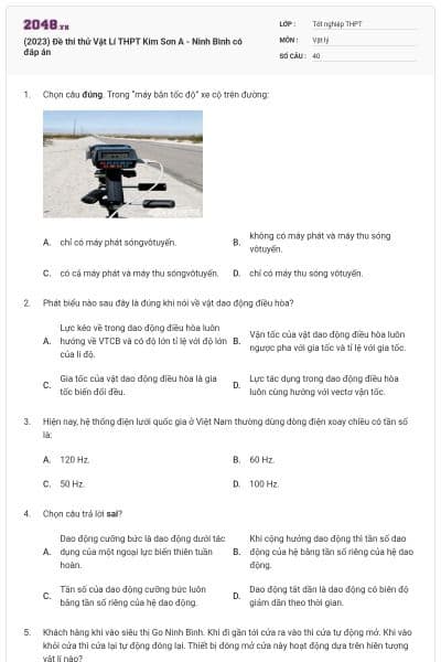 (2023) Đề thi thử Vật Lí THPT Kim Sơn A - Ninh Bình có đáp án