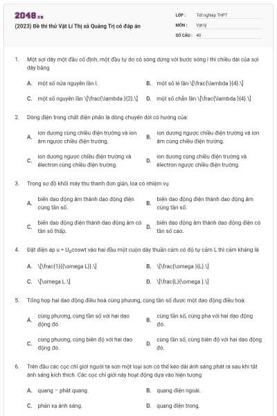 (2023) Đề thi thử Vật Lí Thị xã Quảng Trị có đáp án