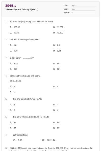 25 Đề thi học kì 1 Toán lớp 5( Đề 11)