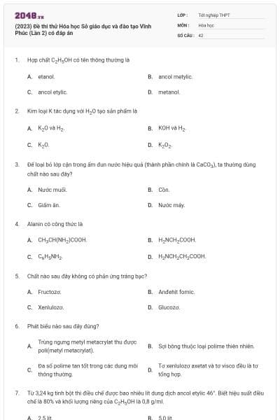 (2023) Đề thi thử Hóa học Sở giáo dục và đào tạo Vĩnh Phúc (Lần 2) có đáp án