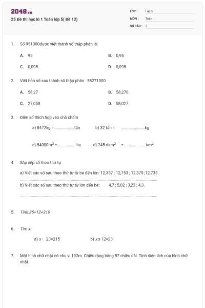25 Đề thi học kì 1 Toán lớp 5( Đề 12)
