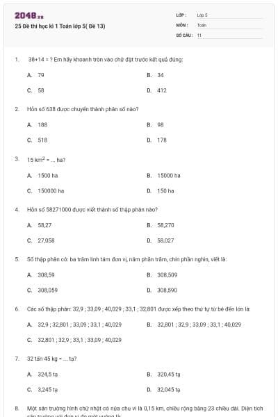 25 Đề thi học kì 1 Toán lớp 5( Đề 13)